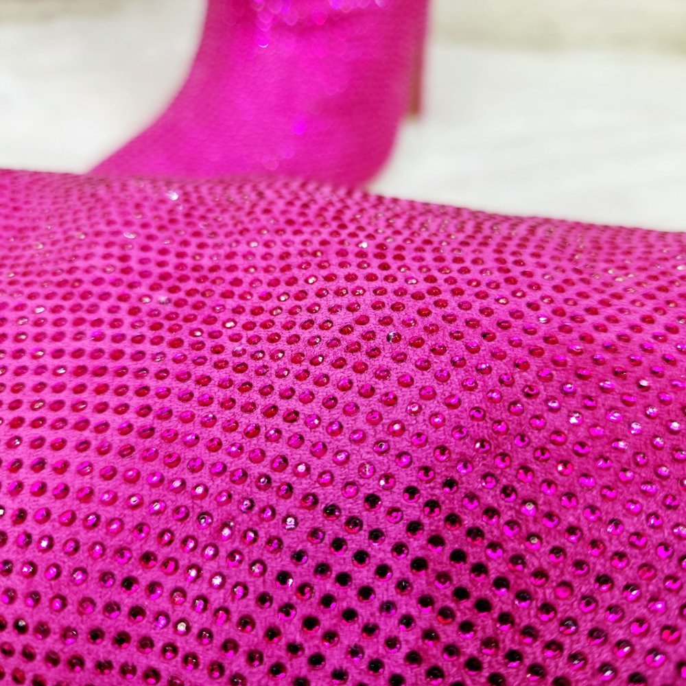 Radiant Fuchsia Pink Rhinestone High Heel Slouch Knee High Boots - Picture 8 of 11